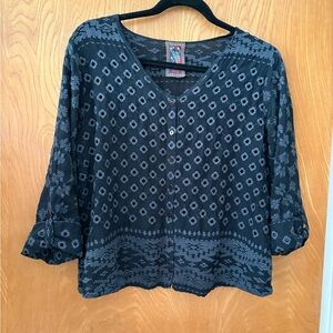 Johnny Was Black and Charcoal Embroidered Button-Front Top